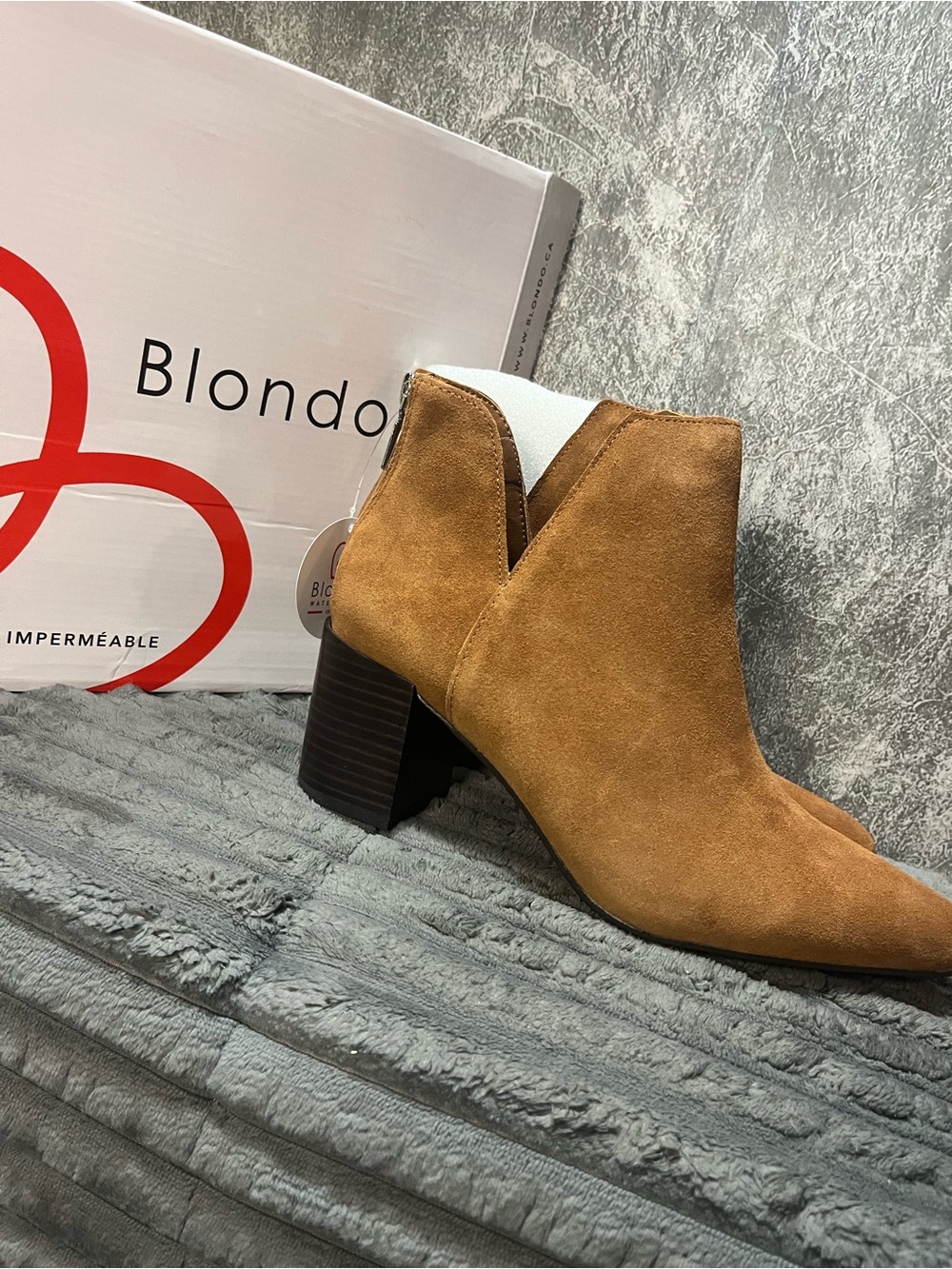 Blondo Camel Suede Ankle Bootie with Stacked Heel Waterproof New